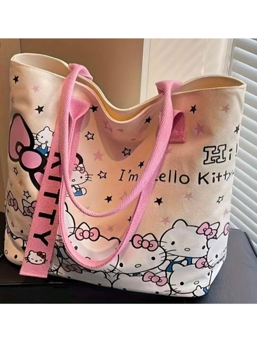 Hello Kitty Tote Bag Pink Canvas Shoulder Purse Zipper Double Handle Kawaii NEW
